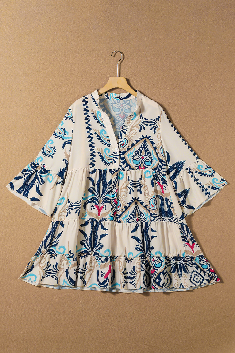 Blue Zone Planet | White Printed Tribal Print Bracelet Sleeve Buttoned Mini Dress Blue Zone Planet