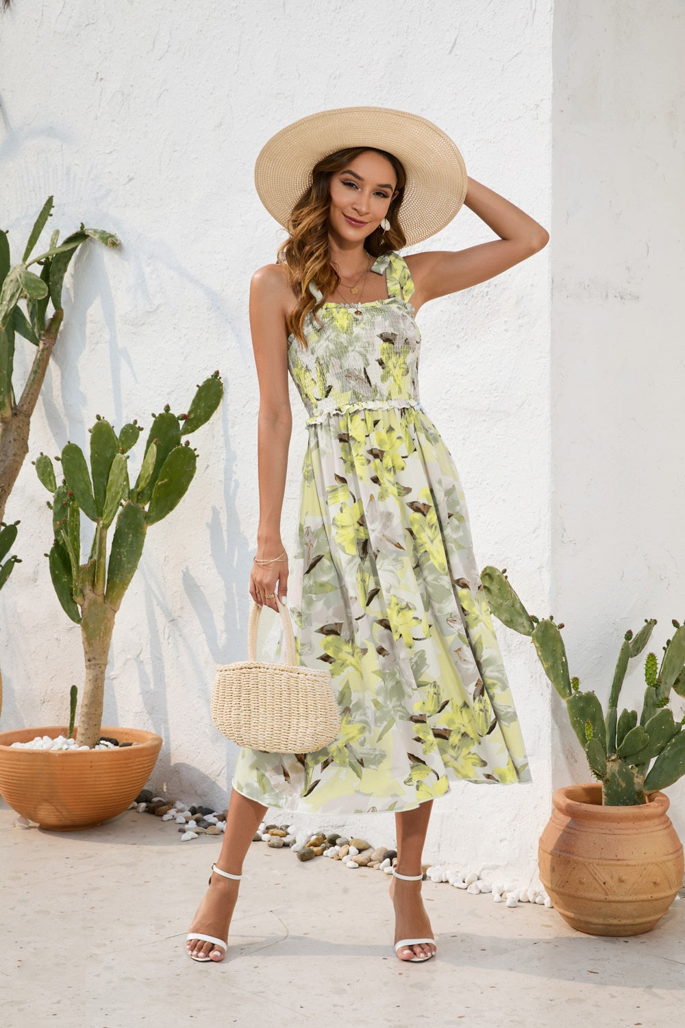 Blue Zone Planet | Smocked Printed Square Neck Midi Dress BLUE ZONE PLANET