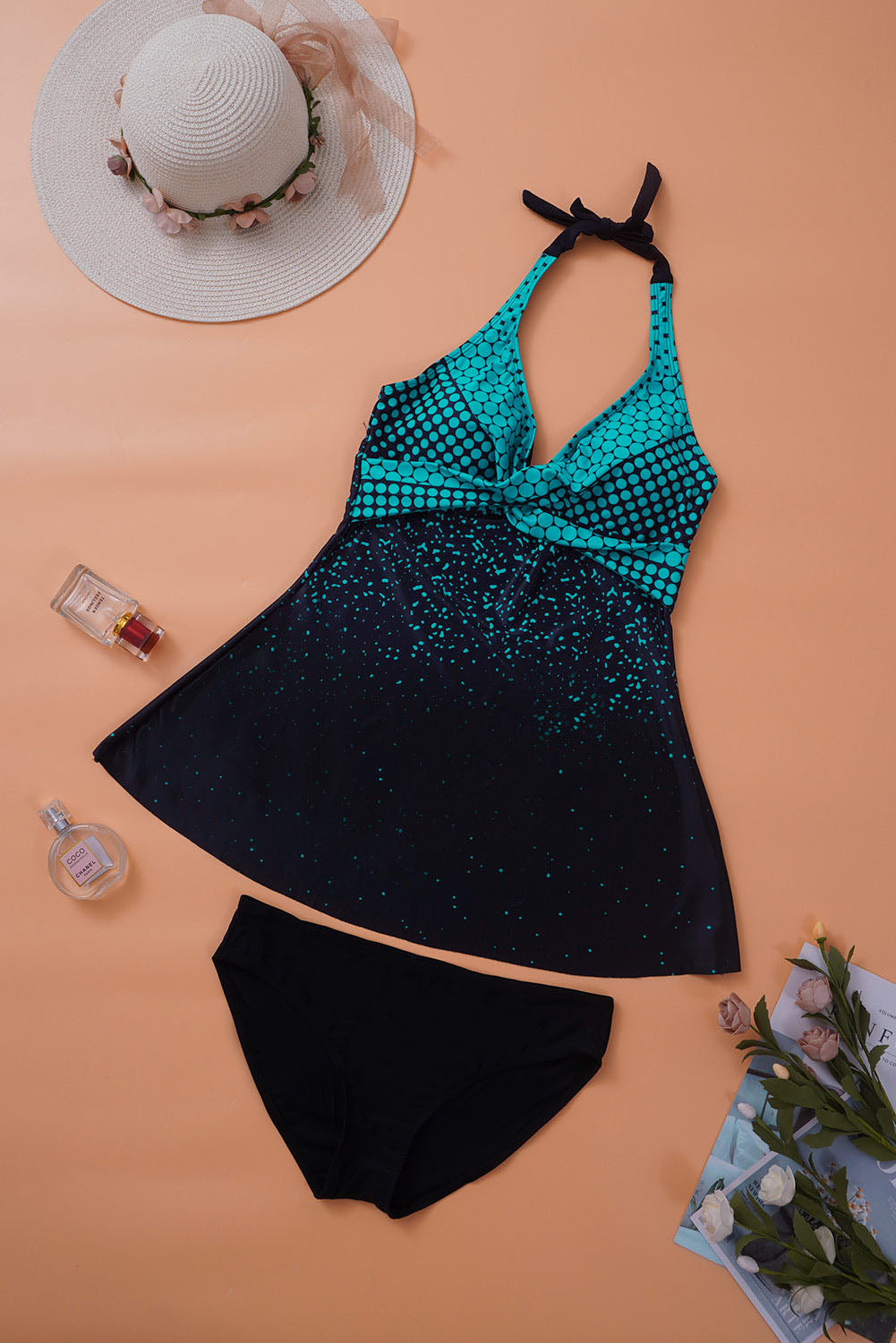 Blue Zone Planet | Turquoise Dot Print Halterneck Tankini Set Blue Zone Planet