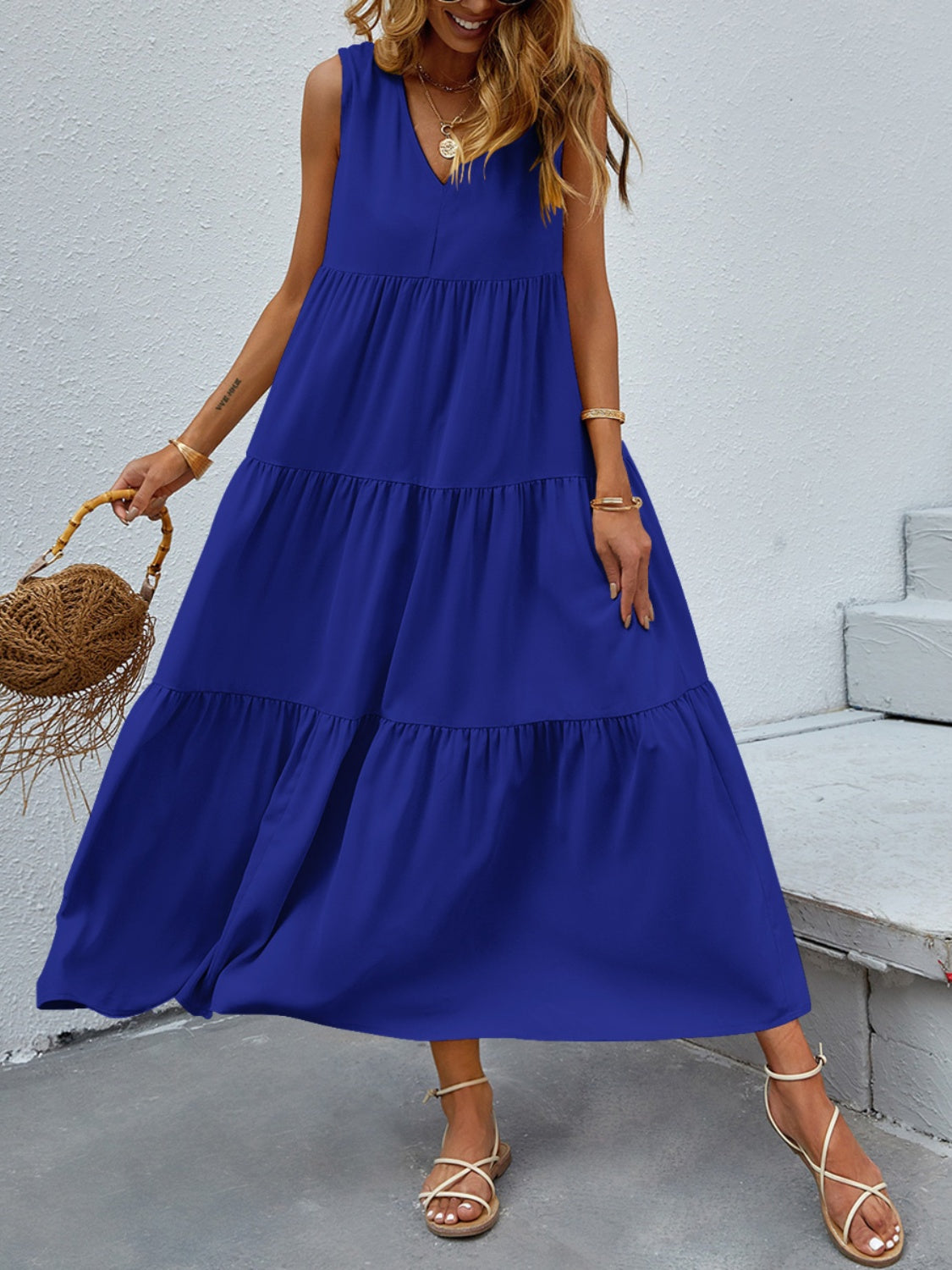 Tiered V-Neck Sleeve Dress BLUE ZONE PLANET