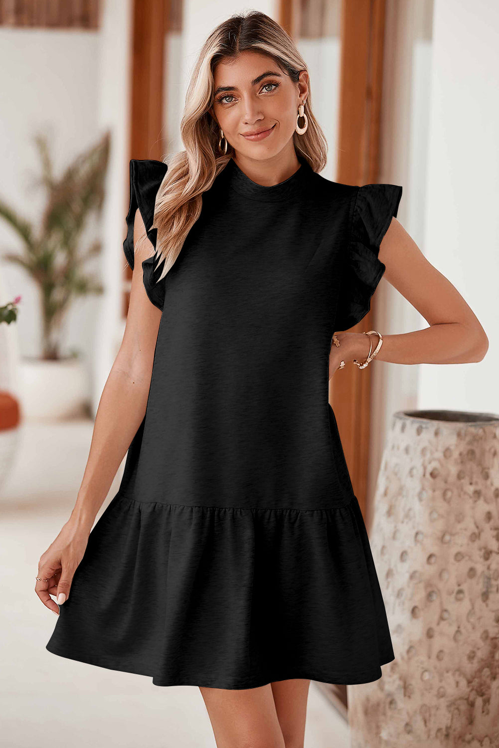 Black Flutter Sleeve Crew Neck Shift Dress Blue Zone Planet