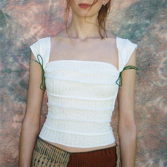 Blue Zone Planet | Retro French Square Neck Lace-Up Pleated Camisole Sleeve Top BLUE ZONE PLANET