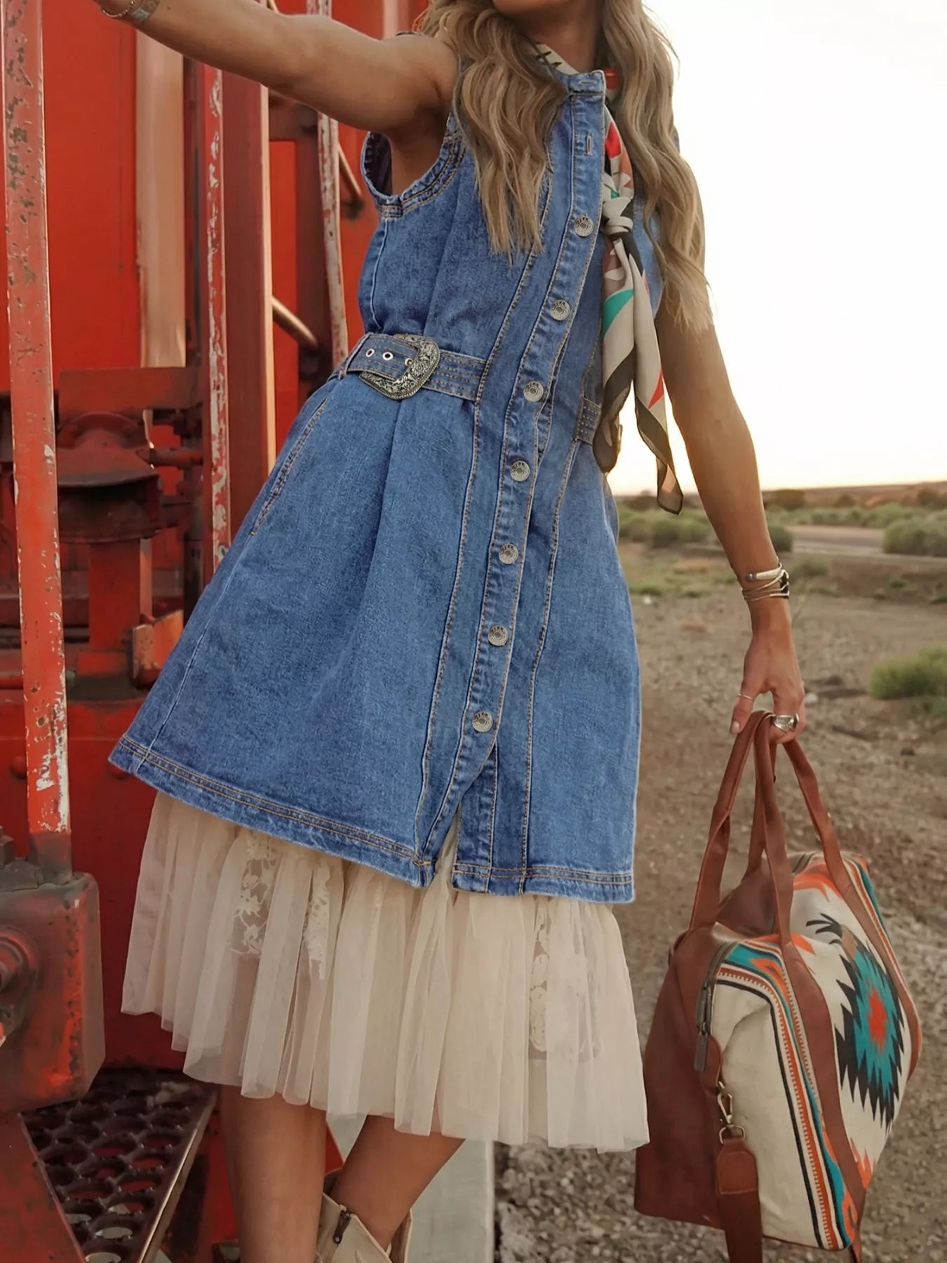 denim dress with western belt Stampede Buckle Dress-Denim