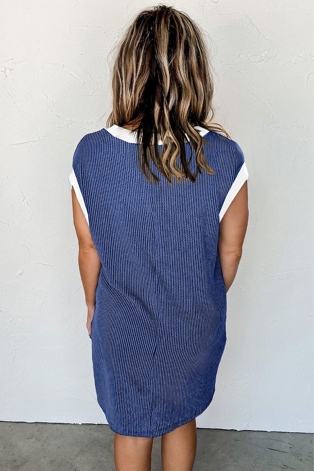 Blue Zone Planet | Sail Blue Rib Textured Cap Sleeve T-Shirt Dress Blue Zone Planet
