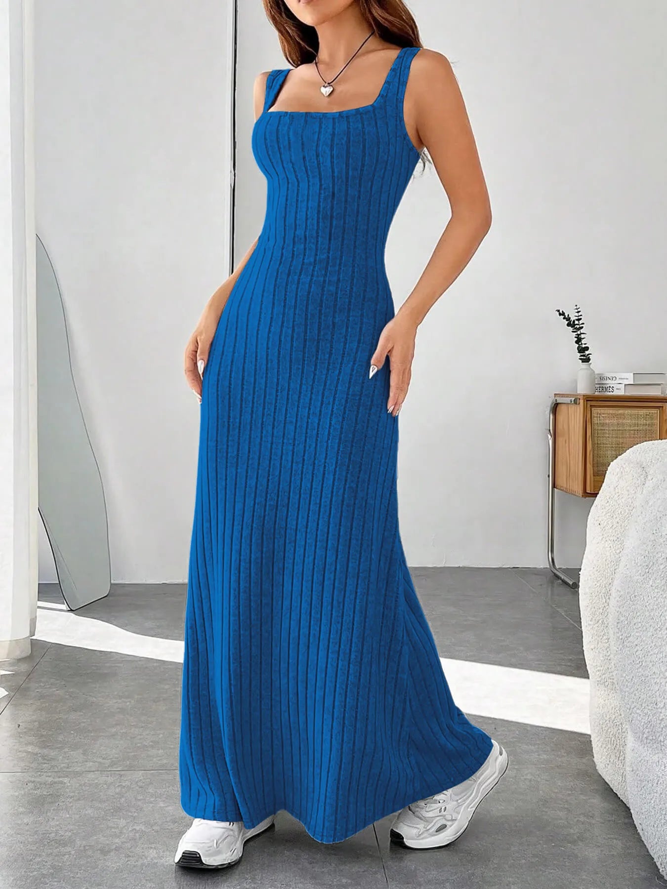 Ribbed Knit Square Neck Sleeveless Maxi Dress Ribbed Knit Square Neck Sleeveless Maxi Dress