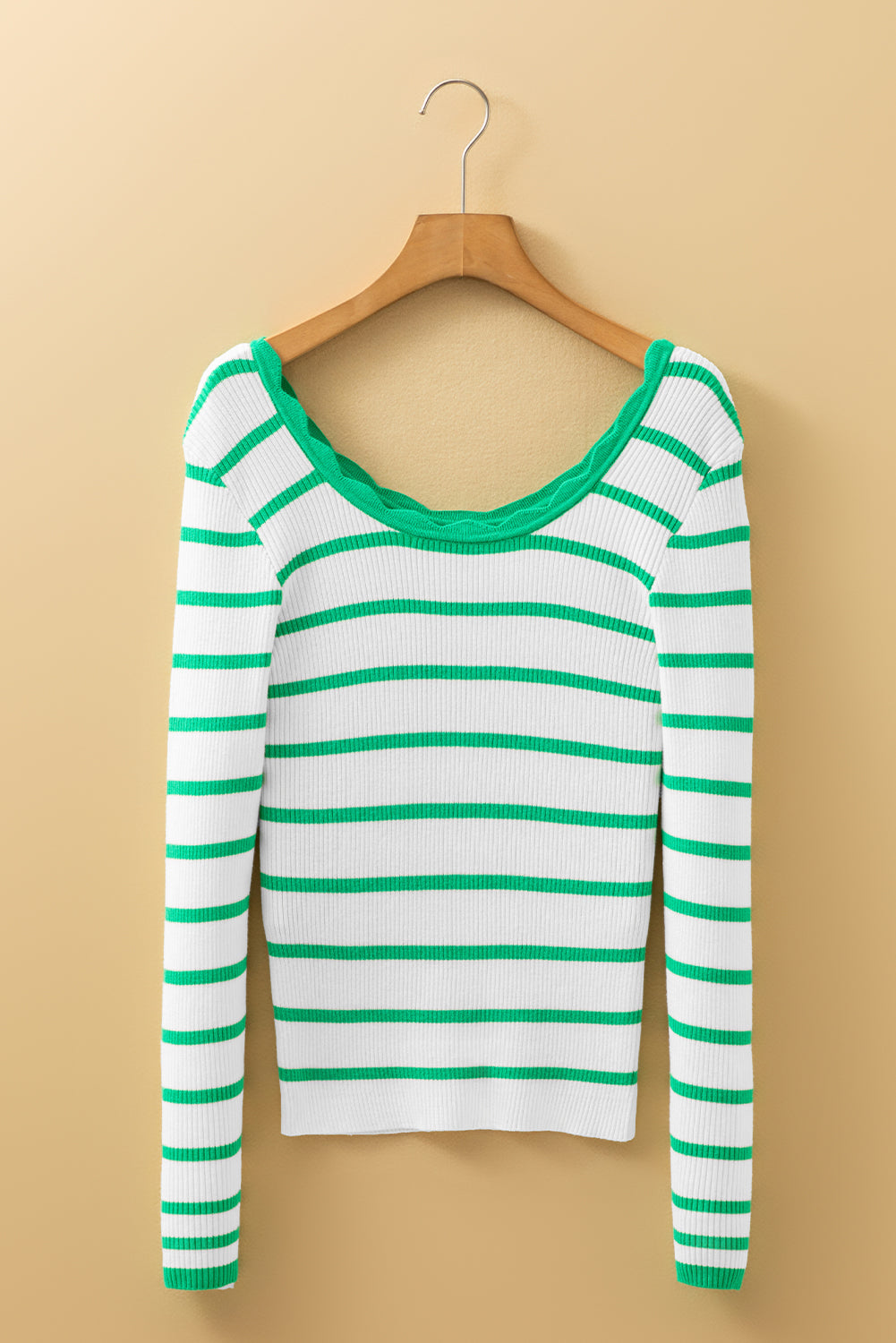 Black White Scalloped Trim U Neck Striped Ribbed Slim Sweater