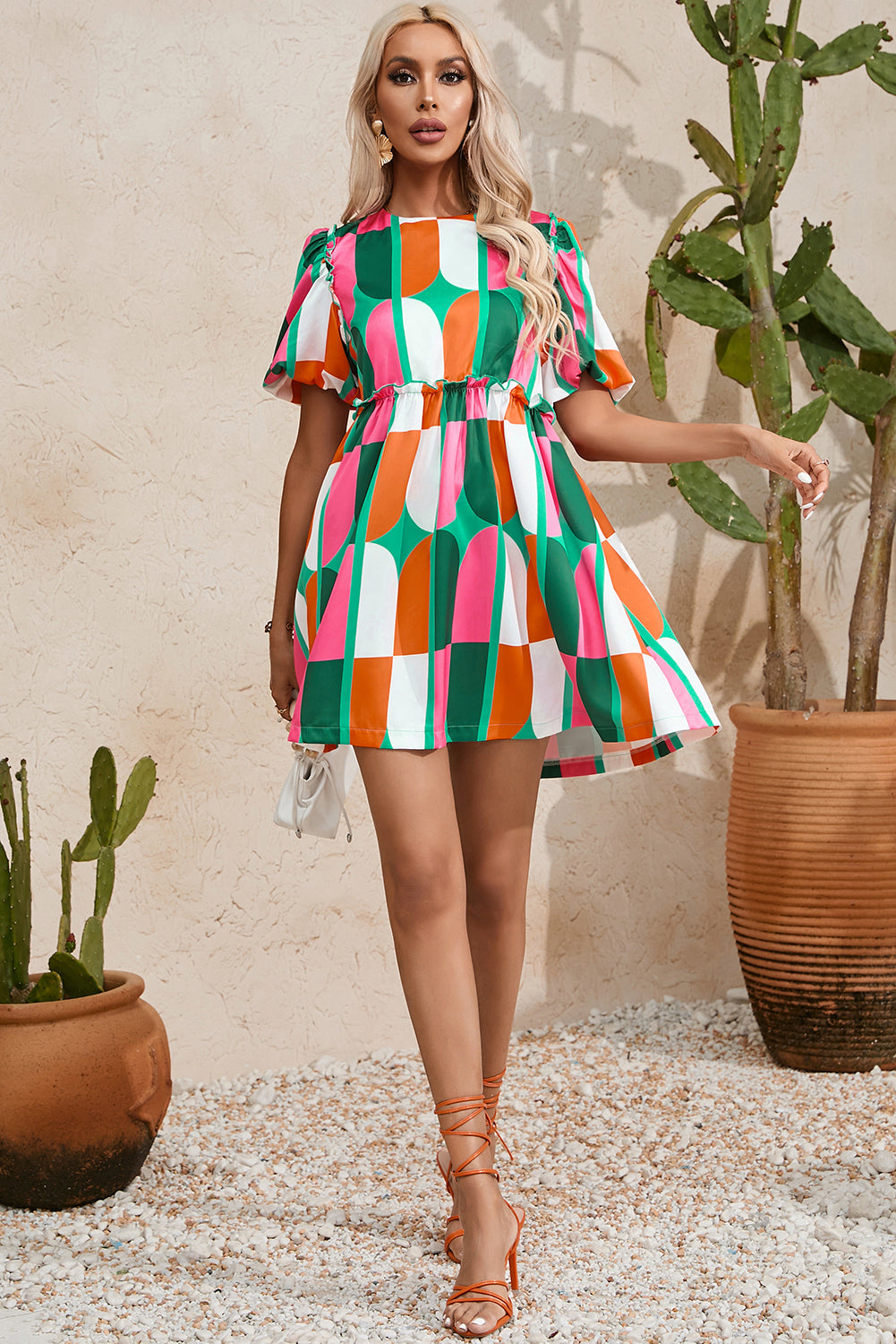 Green Abstract Print Puff Sleeve Short Dress Blue Zone Planet