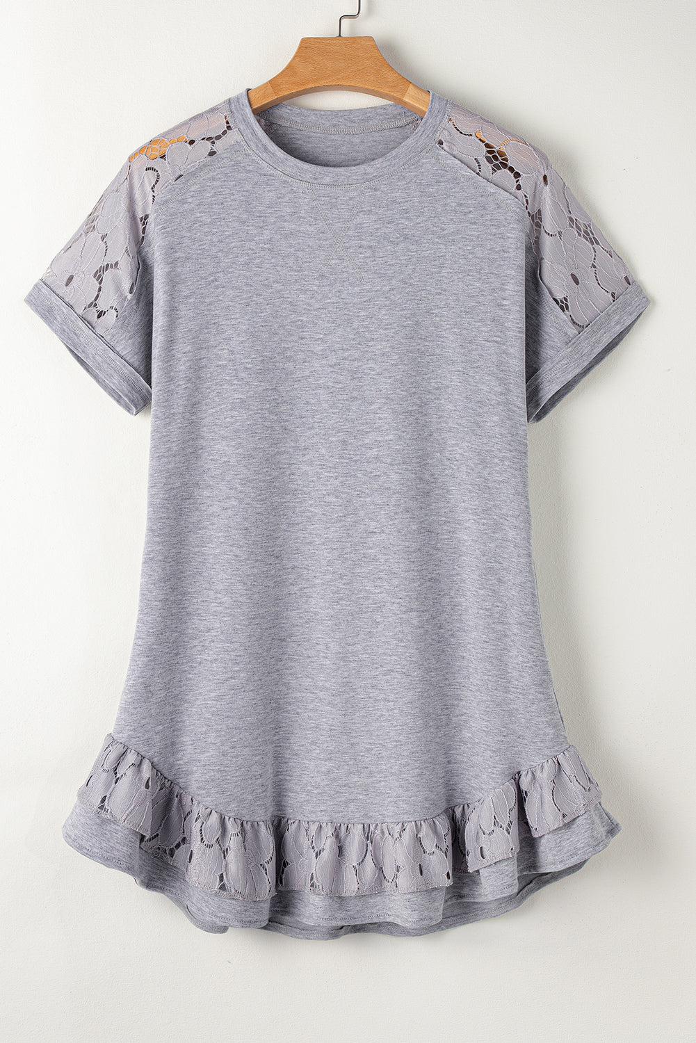 Light Grey Lace Floral Patchwork Ruffled T-shirt Dress Blue Zone Planet