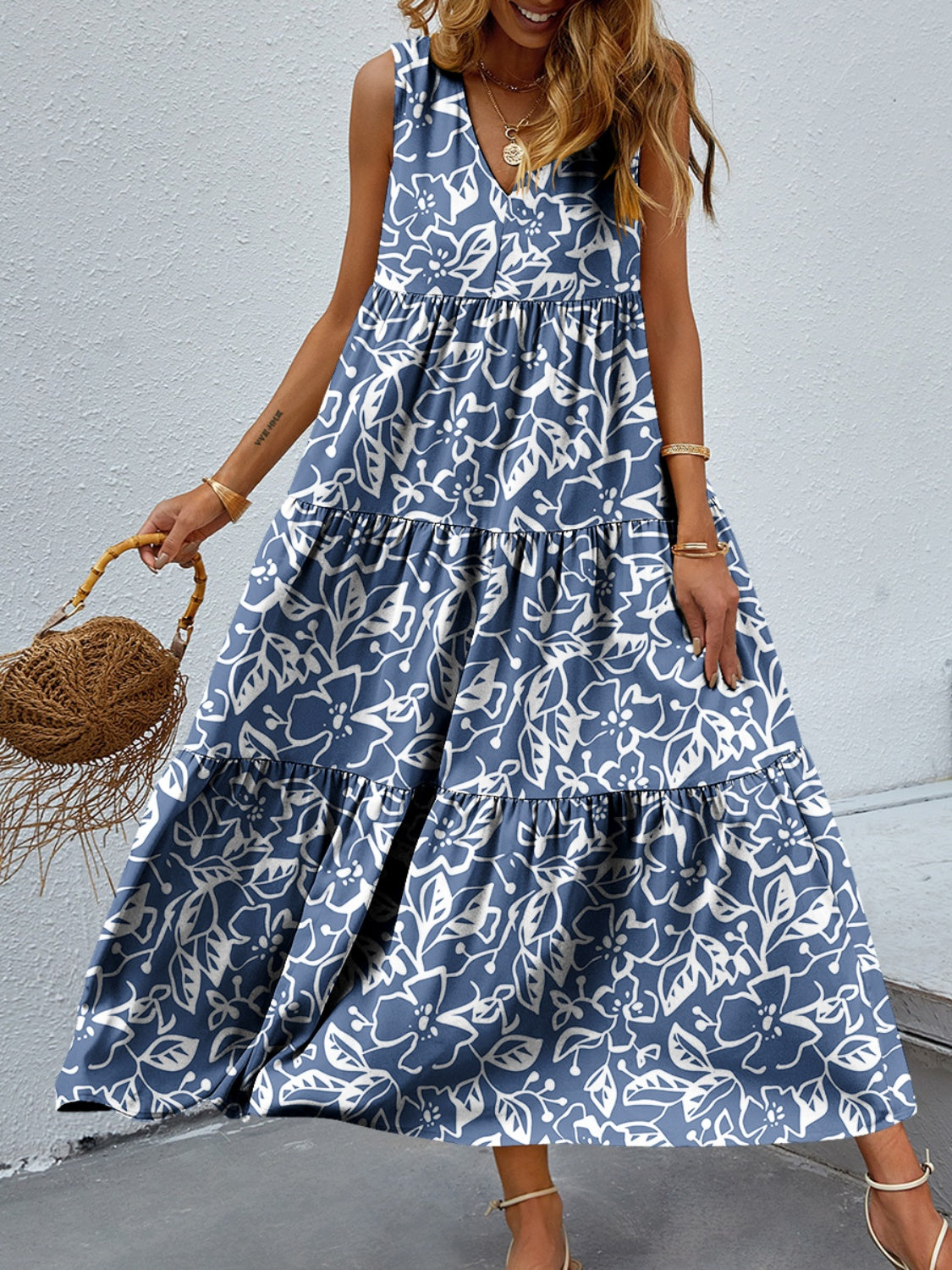Tiered Printed V-Neck Sleeveless Dress BLUE ZONE PLANET