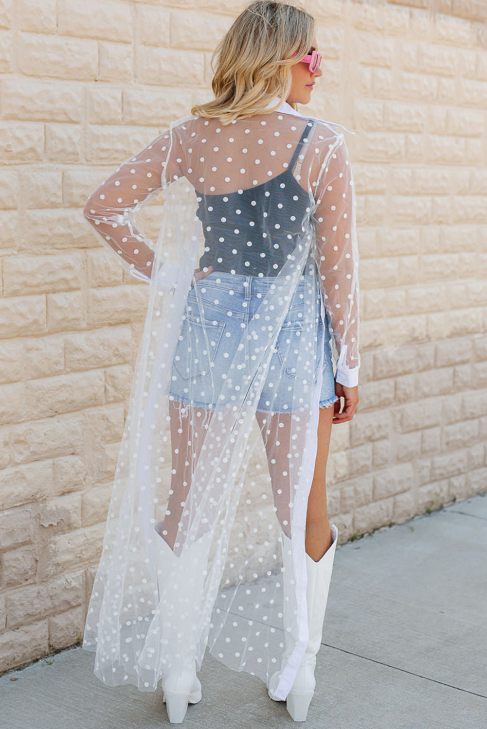 Blue Zone Planet | White Polka Dot Print Collared Buttoned Mesh Duster Kimono Blue Zone Planet