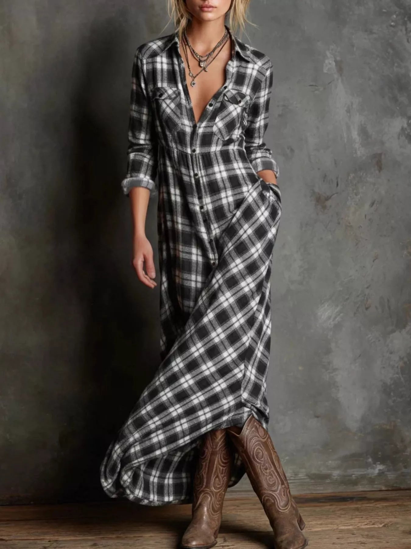fitted lace wedding dress Women'S Vintage Western Plaid Shirt Dress main image 0