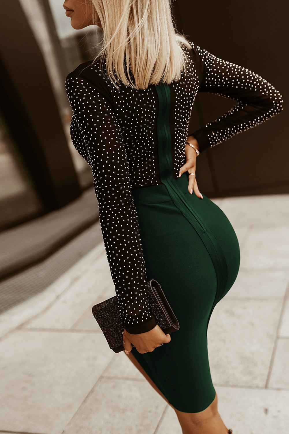 Rhinestone Mock Neck Long Sleeve Dress BLUE ZONE PLANET