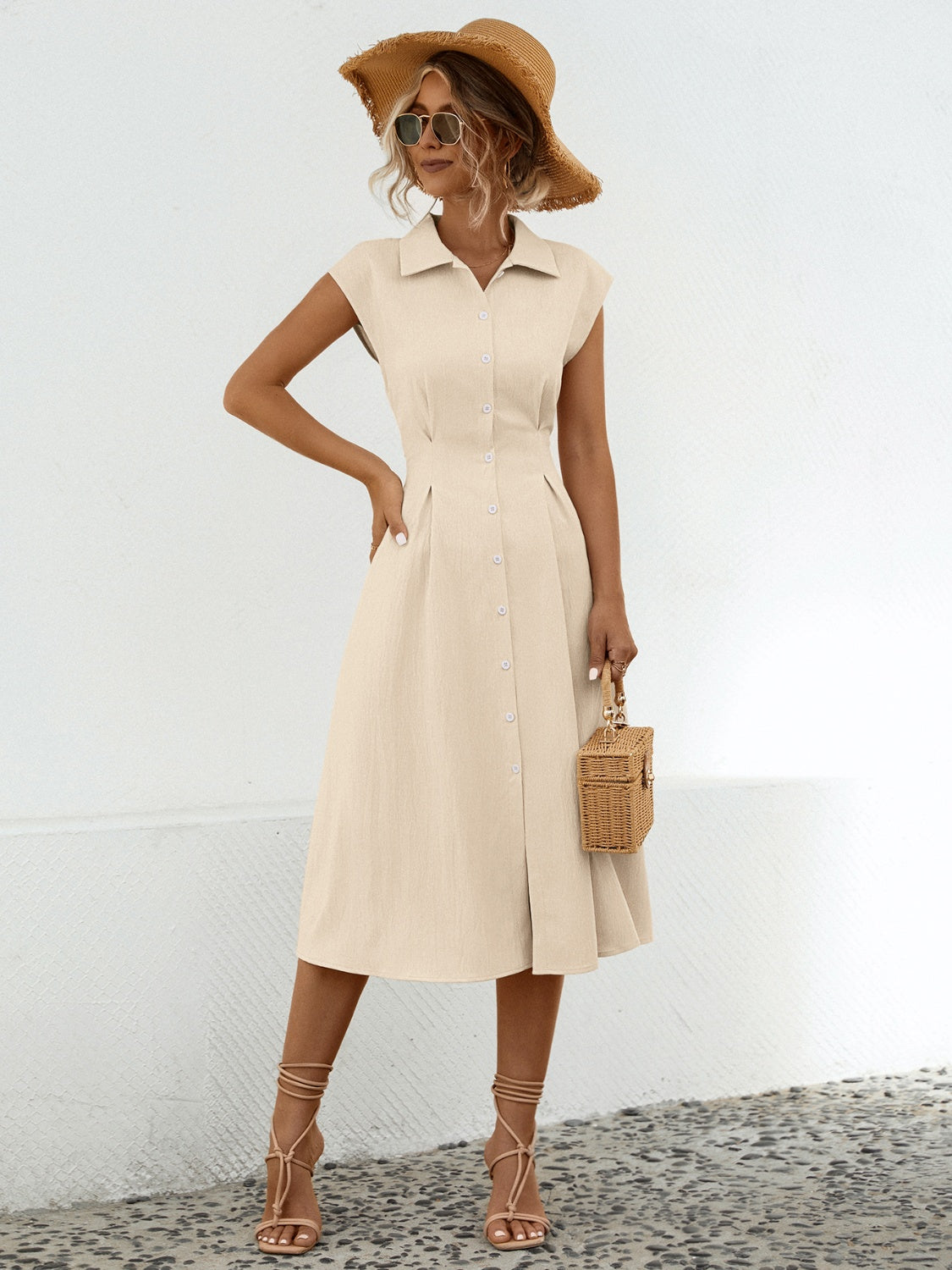 Blue Zone Planet | Button Up Cap Sleeve Midi Dress BLUE ZONE PLANET
