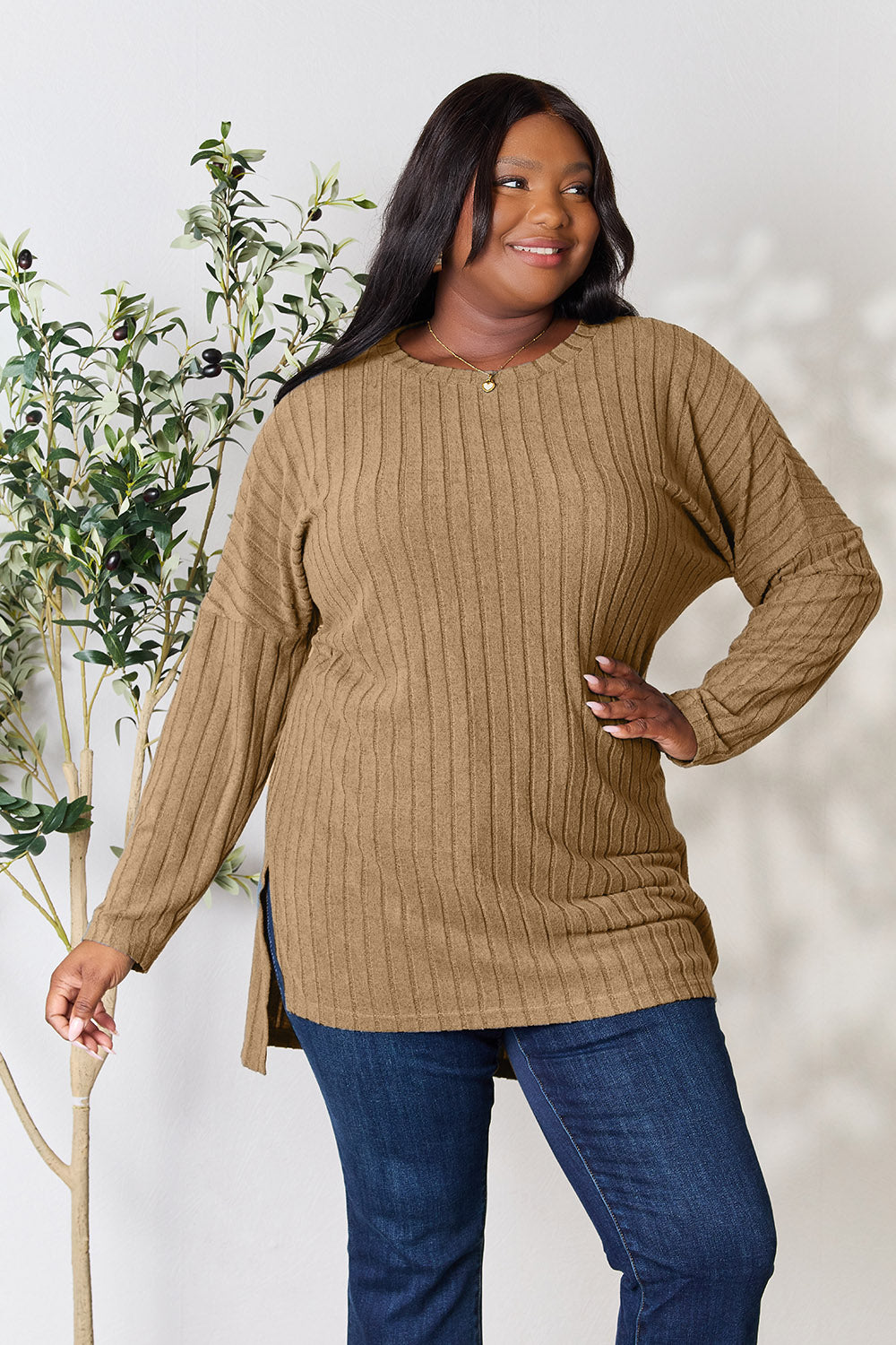 Basic Bae Full Size Ribbed Round Neck Long Sleeve Slit Top BLUE ZONE PLANET