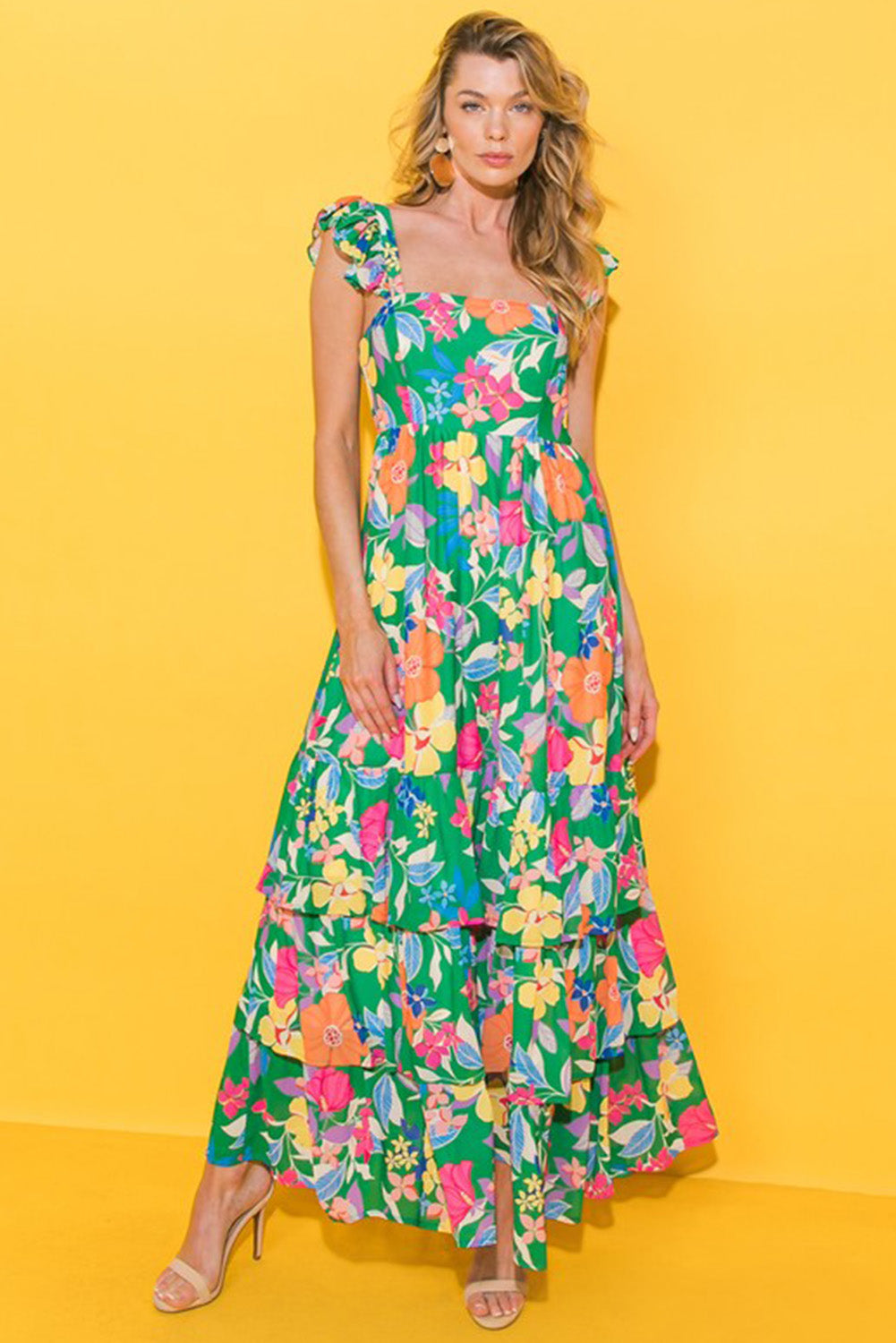 Blue Zone Planet | Green Floral Print Sleeveless Ruffle Tiered Maxi Dress Blue Zone Planet