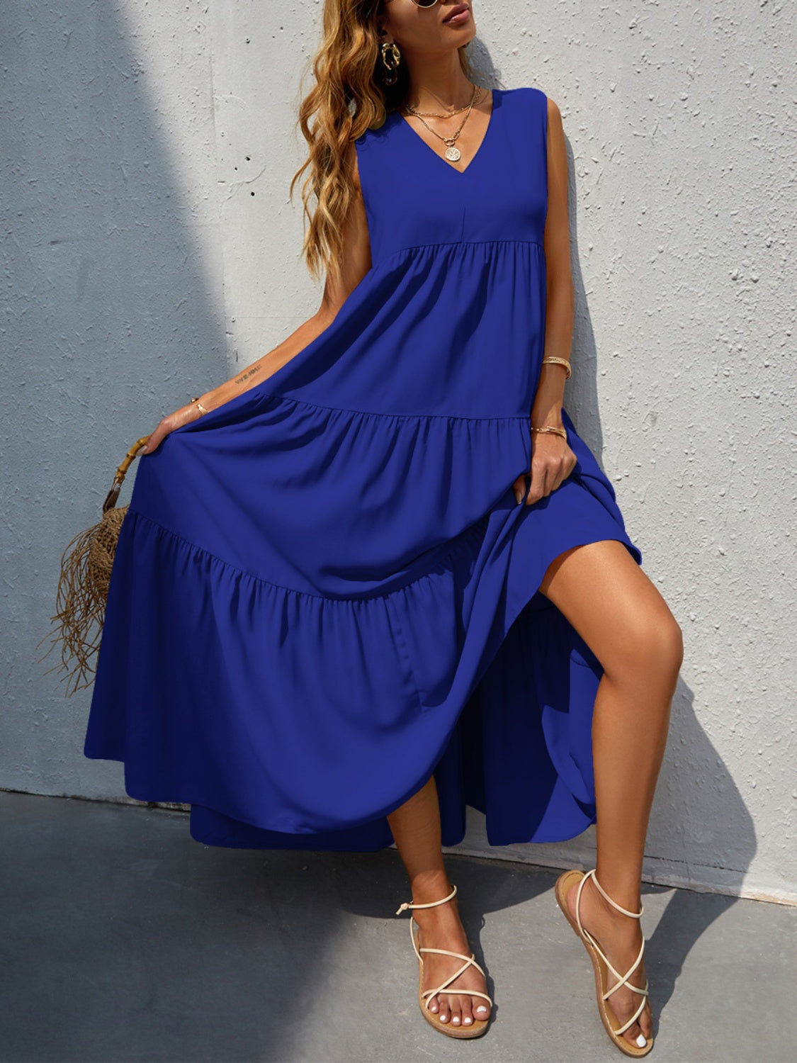Tiered V-Neck Sleeve Dress BLUE ZONE PLANET