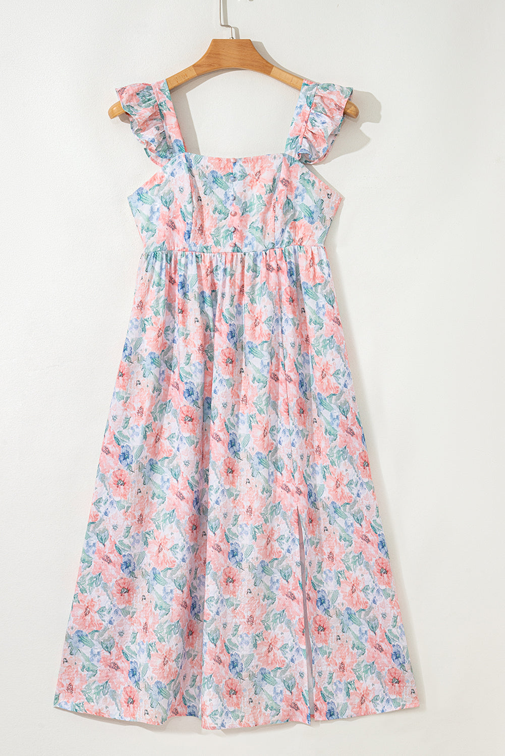 Pink Floral Print Square Neck Backless Long Dress with Slit