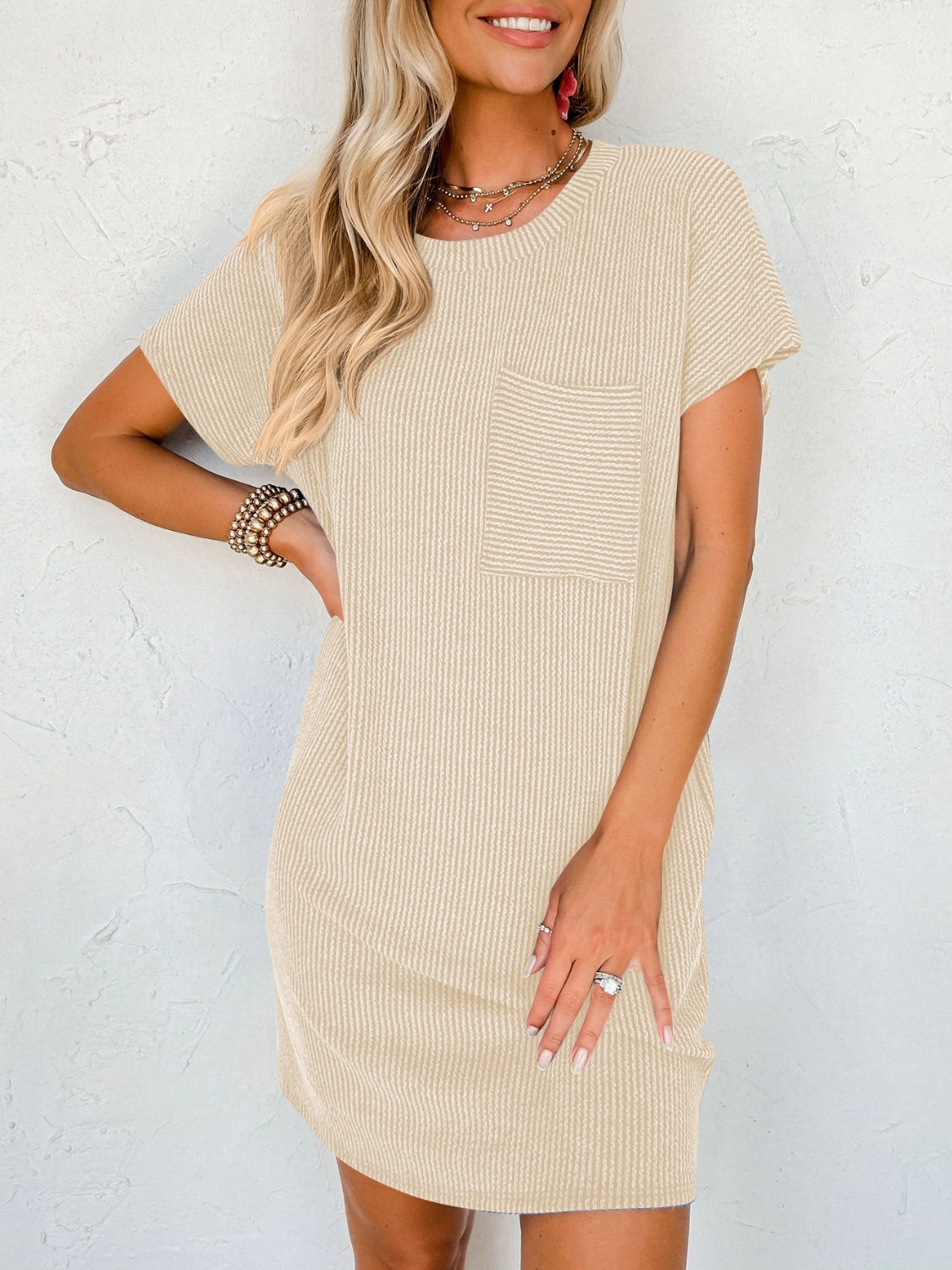 Round Neck Short Sleeve Mini Dress BLUE ZONE PLANET