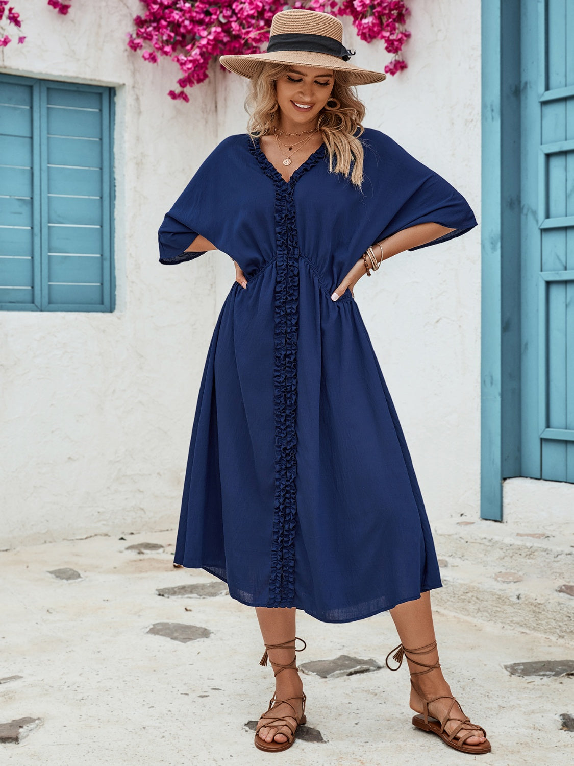 Blue Zone Planet | Frill Slit V-Neck Three-Quarter Sleeve Dress BLUE ZONE PLANET