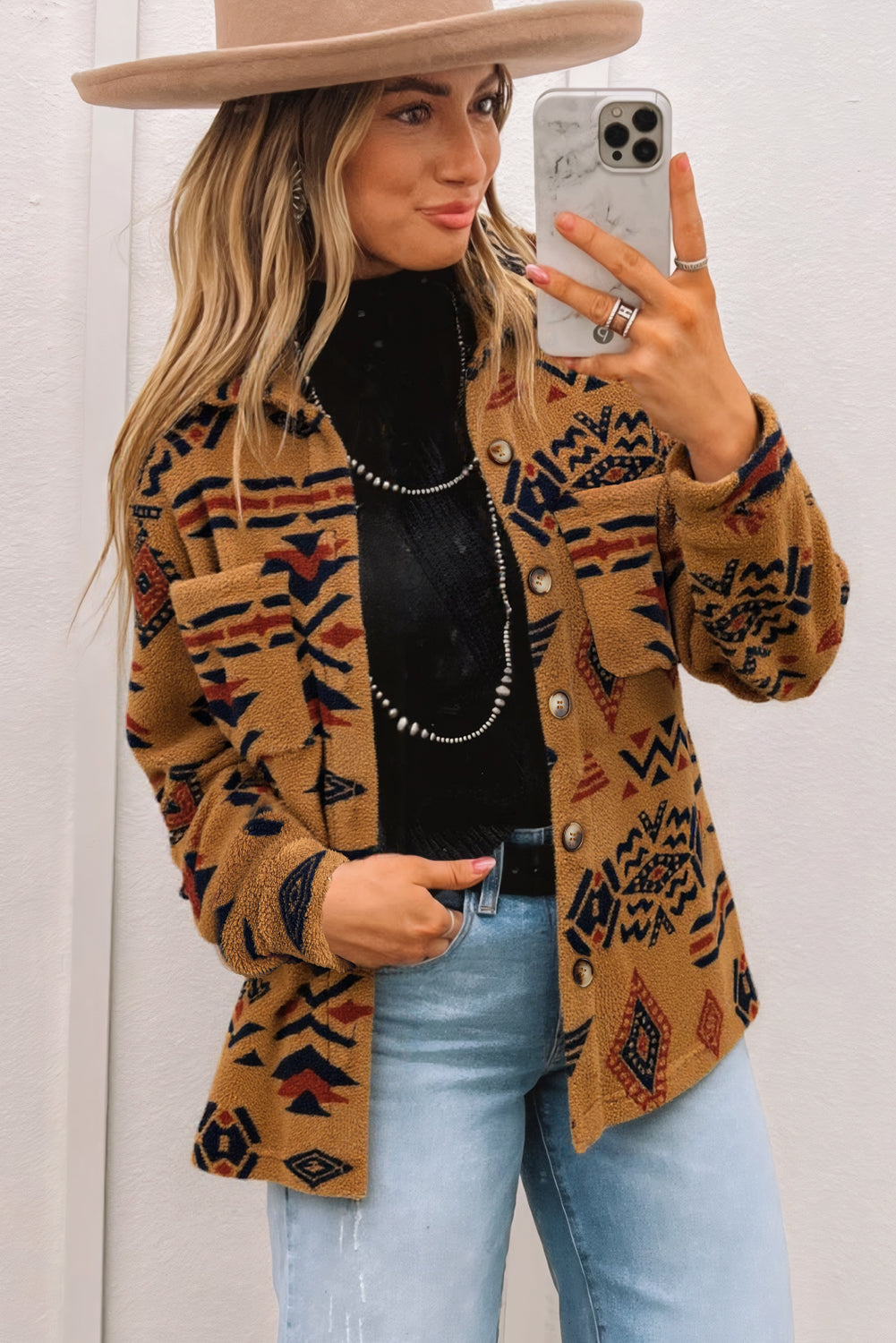 Khaki Western Aztec Pattern Fleece Shacket