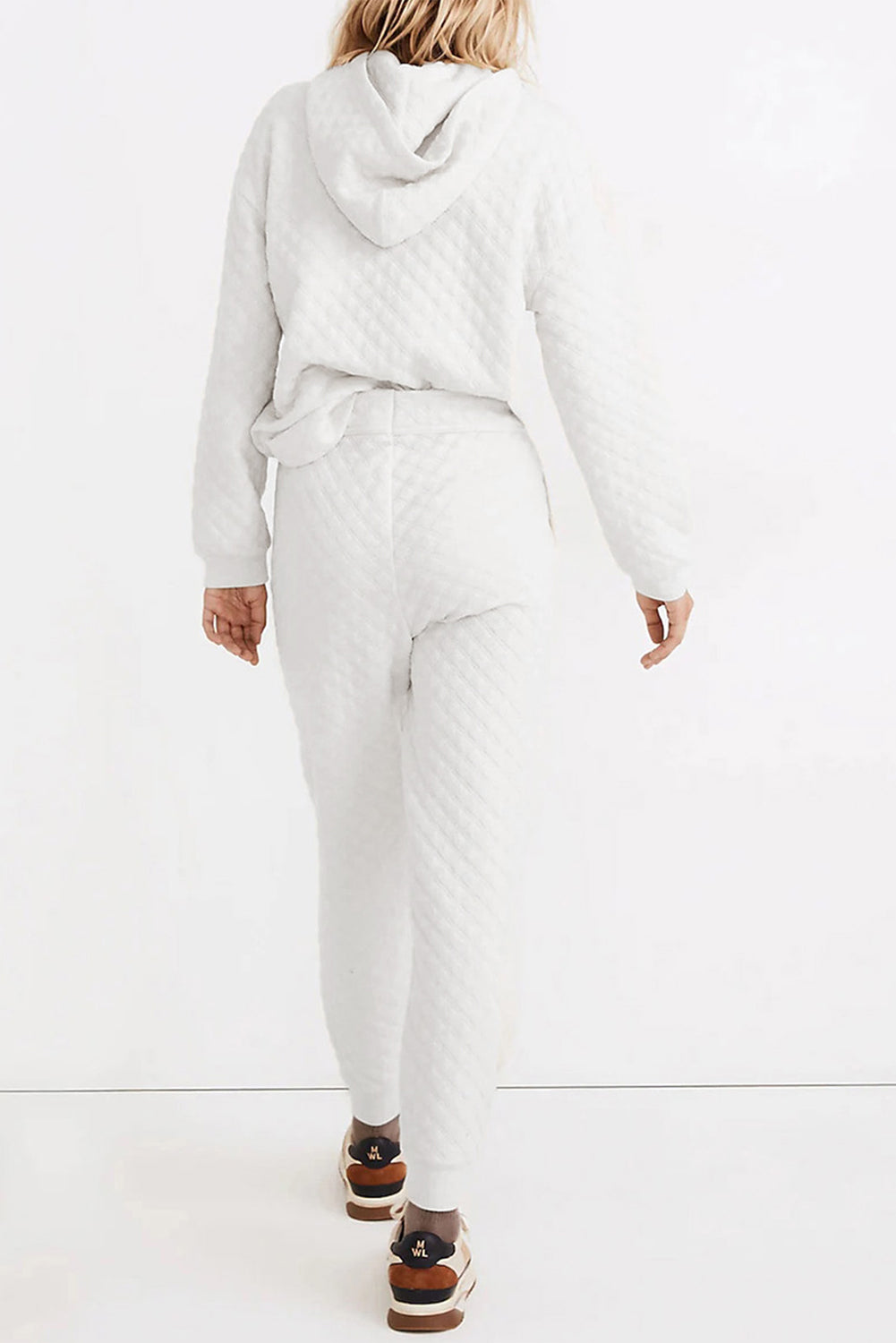 Blue Zone Planet | White Quilted Hoodie and Sweatpants Two Piece Set Blue Zone Planet