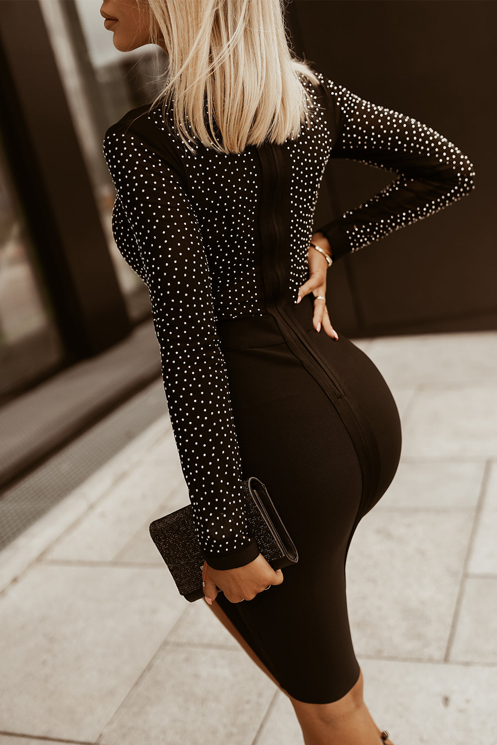 Rhinestone Mock Neck Long Sleeve Dress BLUE ZONE PLANET