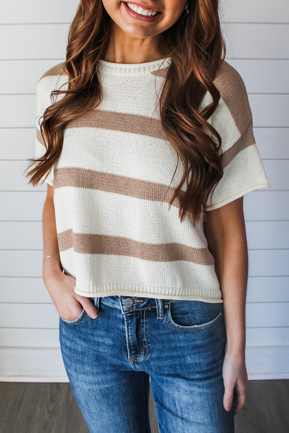 Blue Zone Planet | Khaki Stripe Dropped Short Sleeve Lightweight Knitted Top Blue Zone Planet