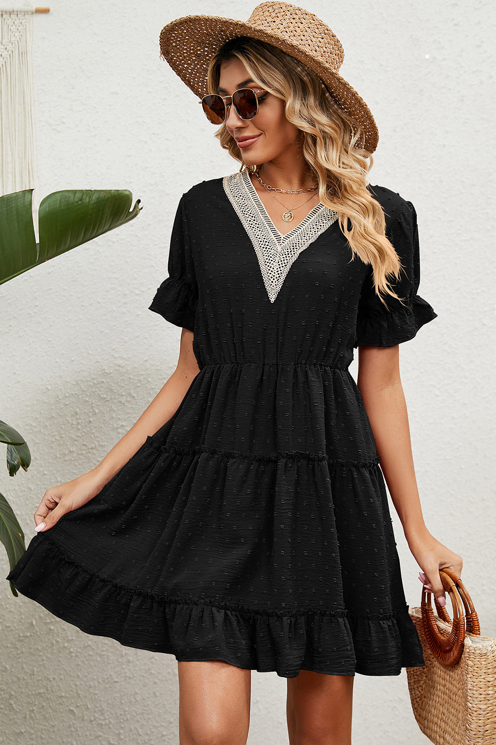 Blue Zone Planet | Swiss Dot V-Neck Flounce Sleeve Mini Dress BLUE ZONE PLANET