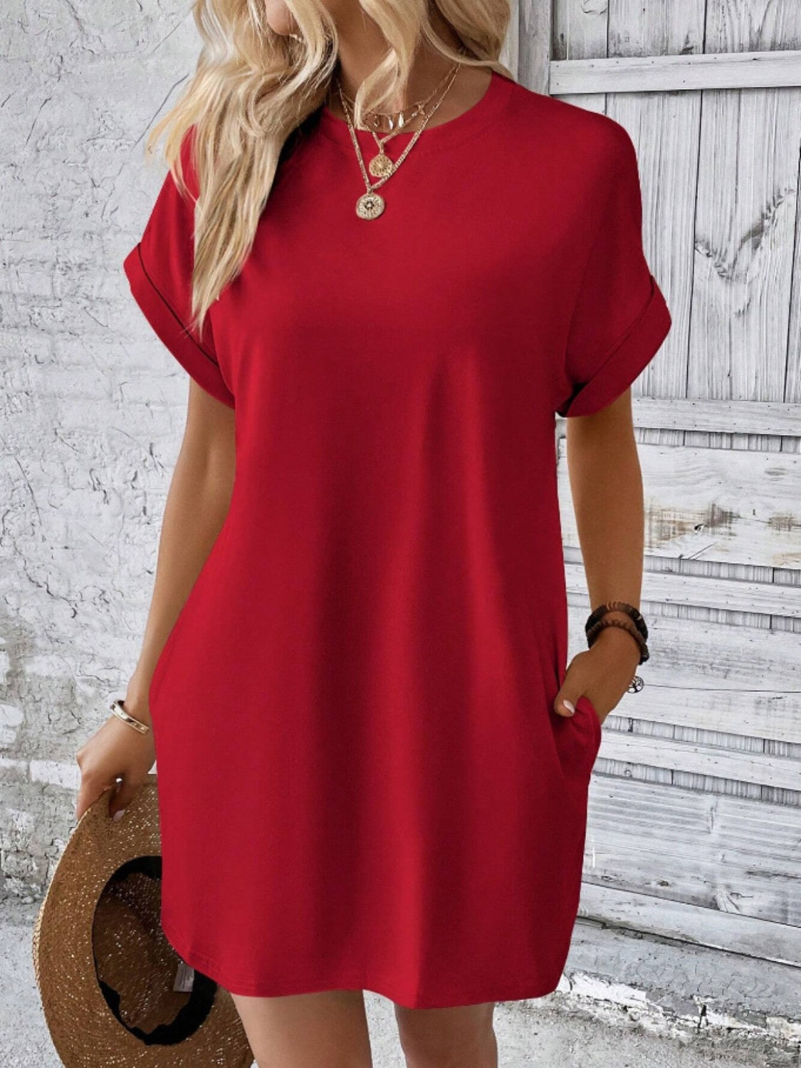 Pocketed Round Neck Short Sleeve Dress BLUE ZONE PLANET