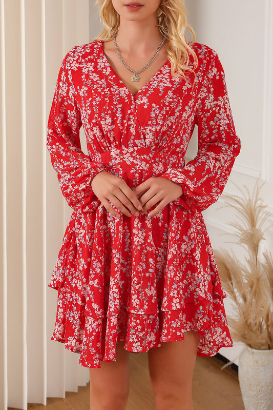 Blue Zone Planet |  Printed Surplice Balloon Sleeve Layered Dress BLUE ZONE PLANET