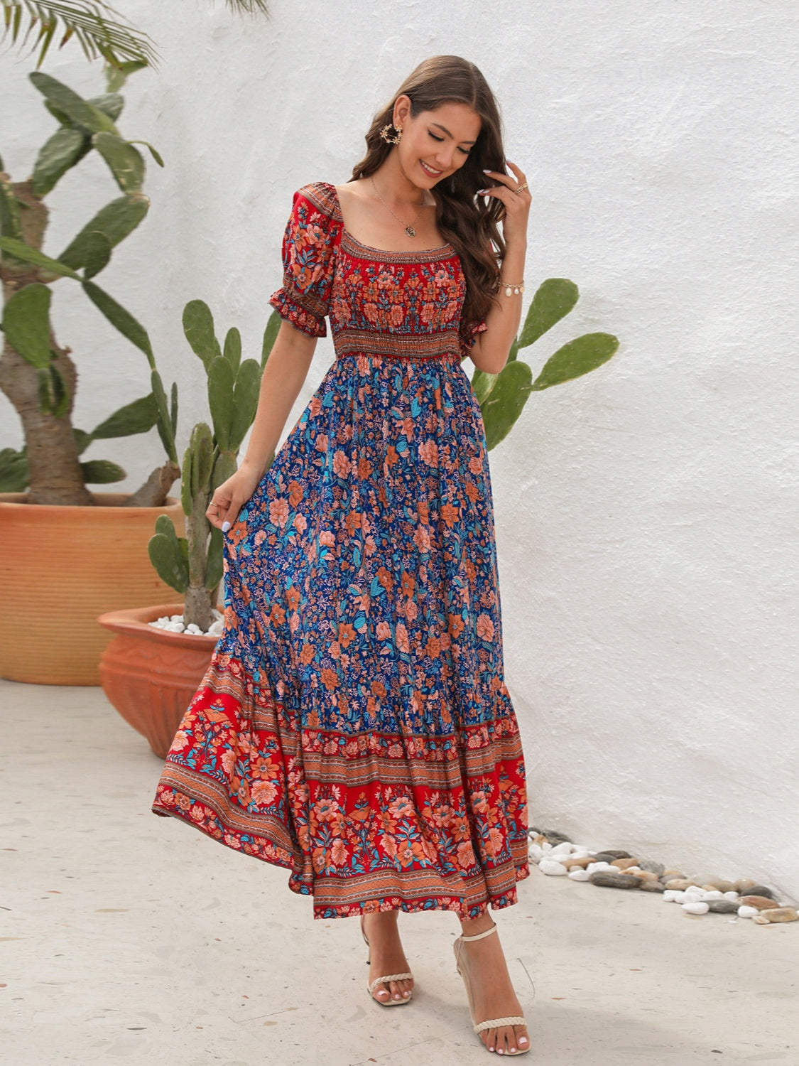 Blue Zone Planet | Floral Flounce Sleeve Midi Dress BLUE ZONE PLANET