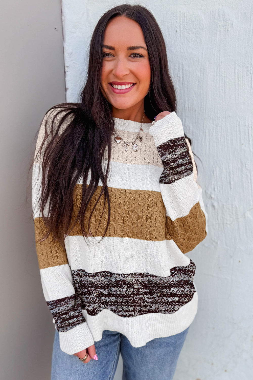 Brown Mixed Texture Knit Striped Color Block Loose Sweater