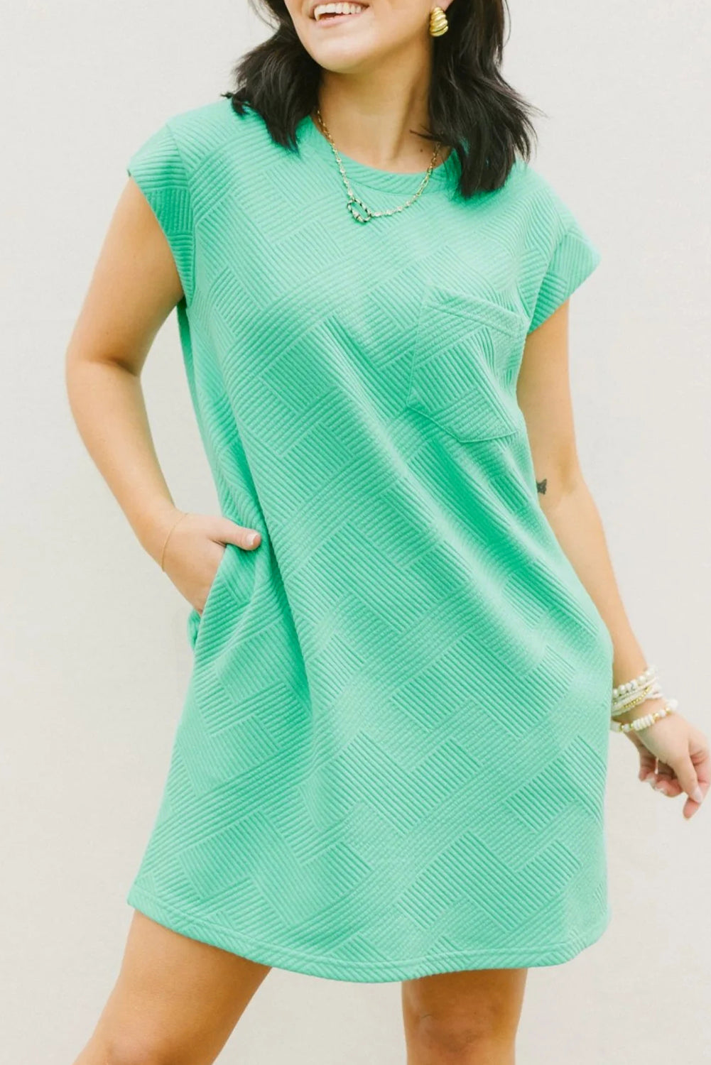 Blue Zone Planet | Mint Green Textured Cap Sleeve T Shirt Dress Blue Zone Planet