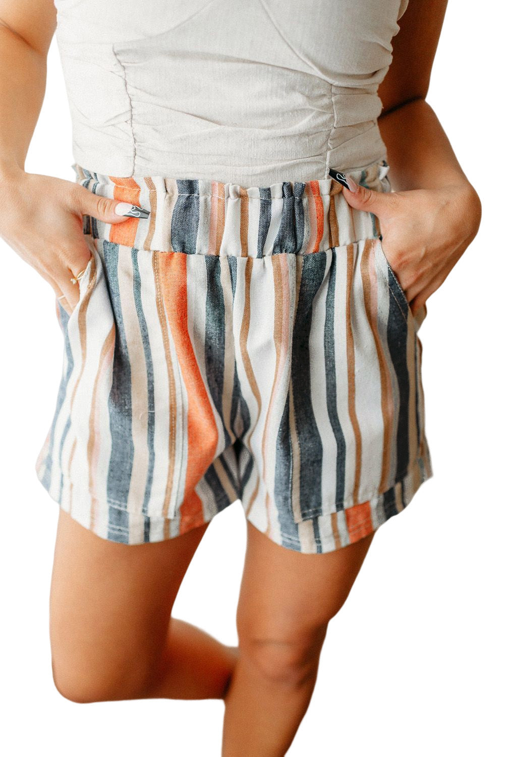 Esme's Stripe Vintage Washed Elastic Frill Waist Shorts Blue Zone Planet