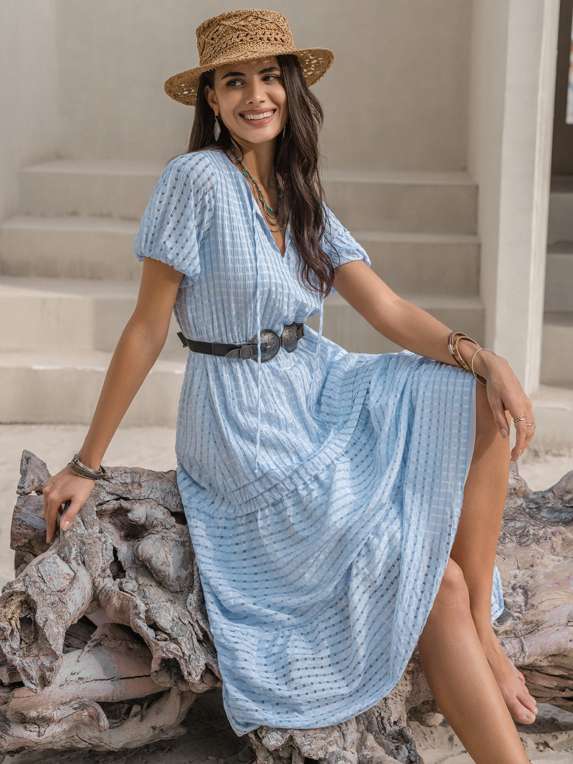 Blue Zone Planet | Tie Neck Balloon Sleeve Tiered Dress BLUE ZONE PLANET