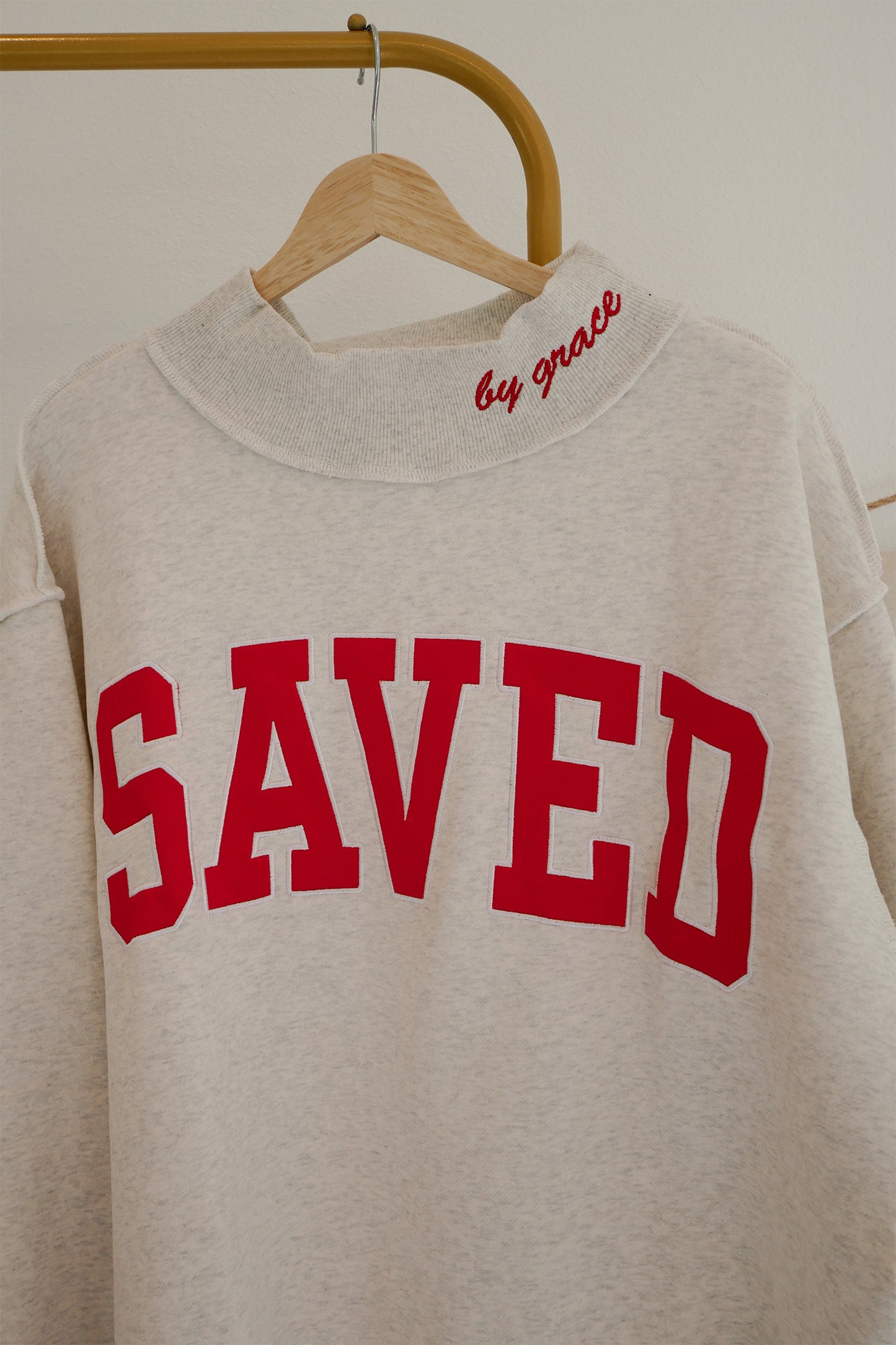 Gray Saved By Grace Embroidered Detail Letter Graphic High Neck Sweatshirt