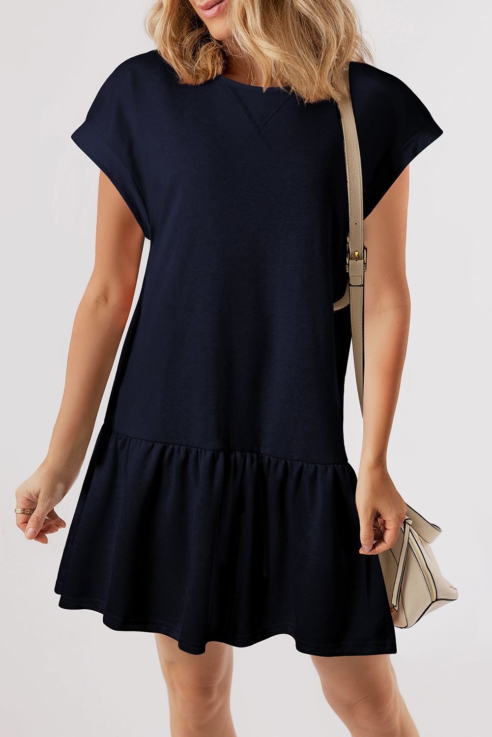 Navy Blue Solid Color Cap Sleeve Ruffle Hem Casual Short Dress – Blue Zone Planet