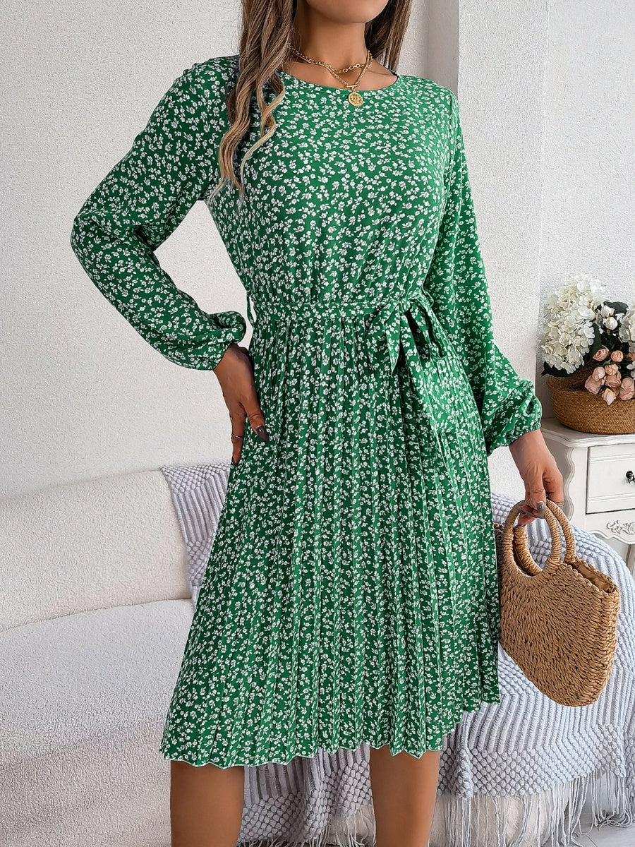 Ditsy Floral Tie Waist Pleated Dress BLUE ZONE PLANET