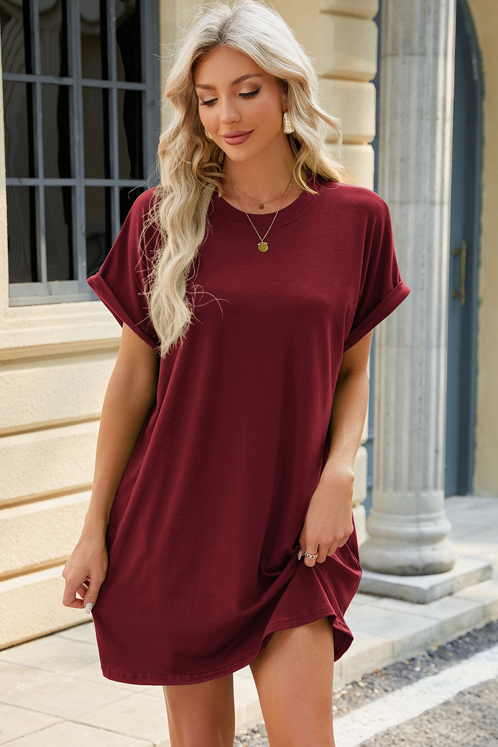 Blue Zone Planet | Round Neck Rolled Short Sleeve Tee Dress BLUE ZONE PLANET