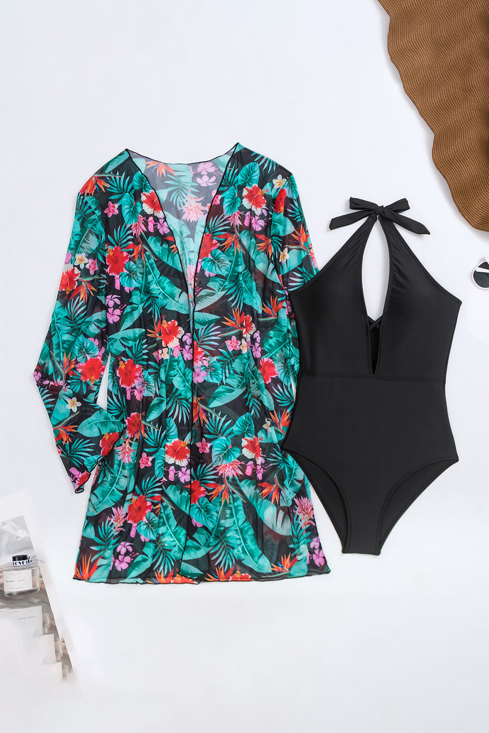 Blue Zone Planet | Black Halter Neck Monokini with Floral Beach Cover Up Blue Zone Planet