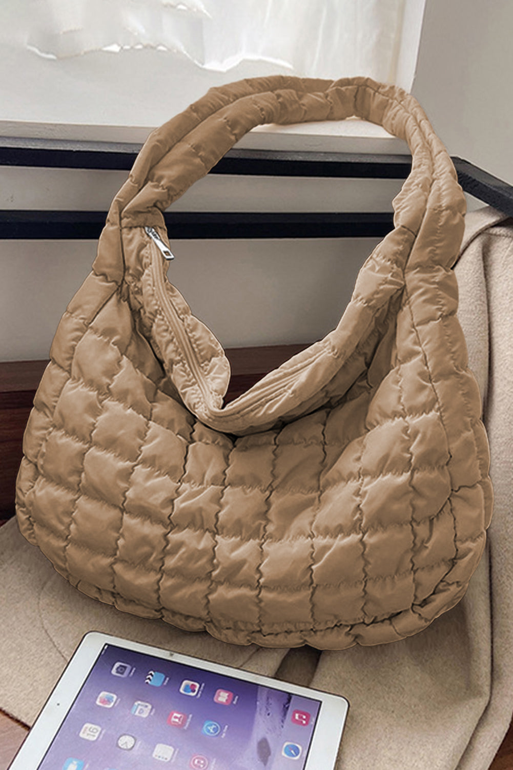 Blue Zone Planet | Light French Beige Quilted Zipper Large Shoulder Bag Blue Zone Planet