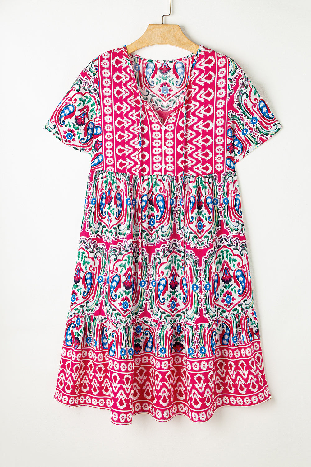 Blue Zone Planet | Pink Bohemian Print Tie Neck Ruffle Hem Short Dress Blue Zone Planet