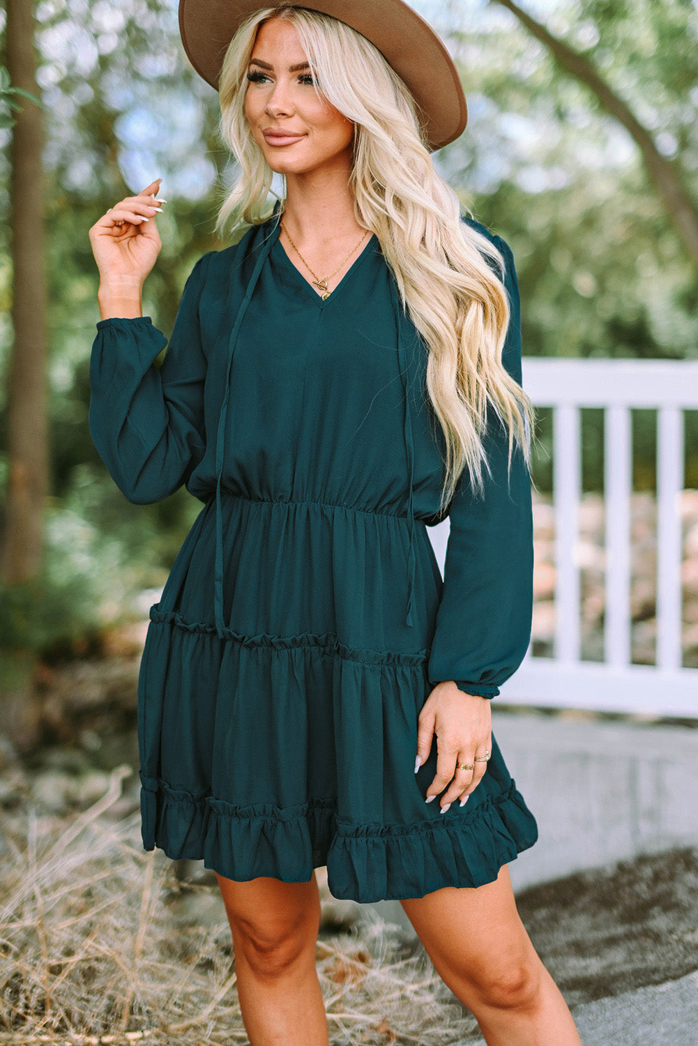 Blue Zone Planet | Janet's Frill Tie Neck Balloon Sleeve Mini Dress BLUE ZONE PLANET