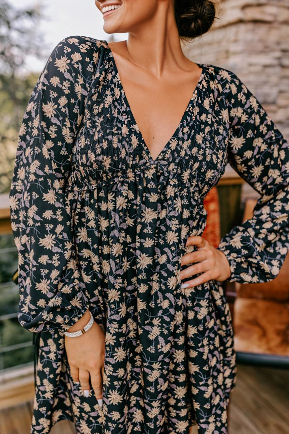 long sleeve babydoll dress Floral Deep V Neck Smocked Bust Bubble Sleeve Babydoll Dress Black / L