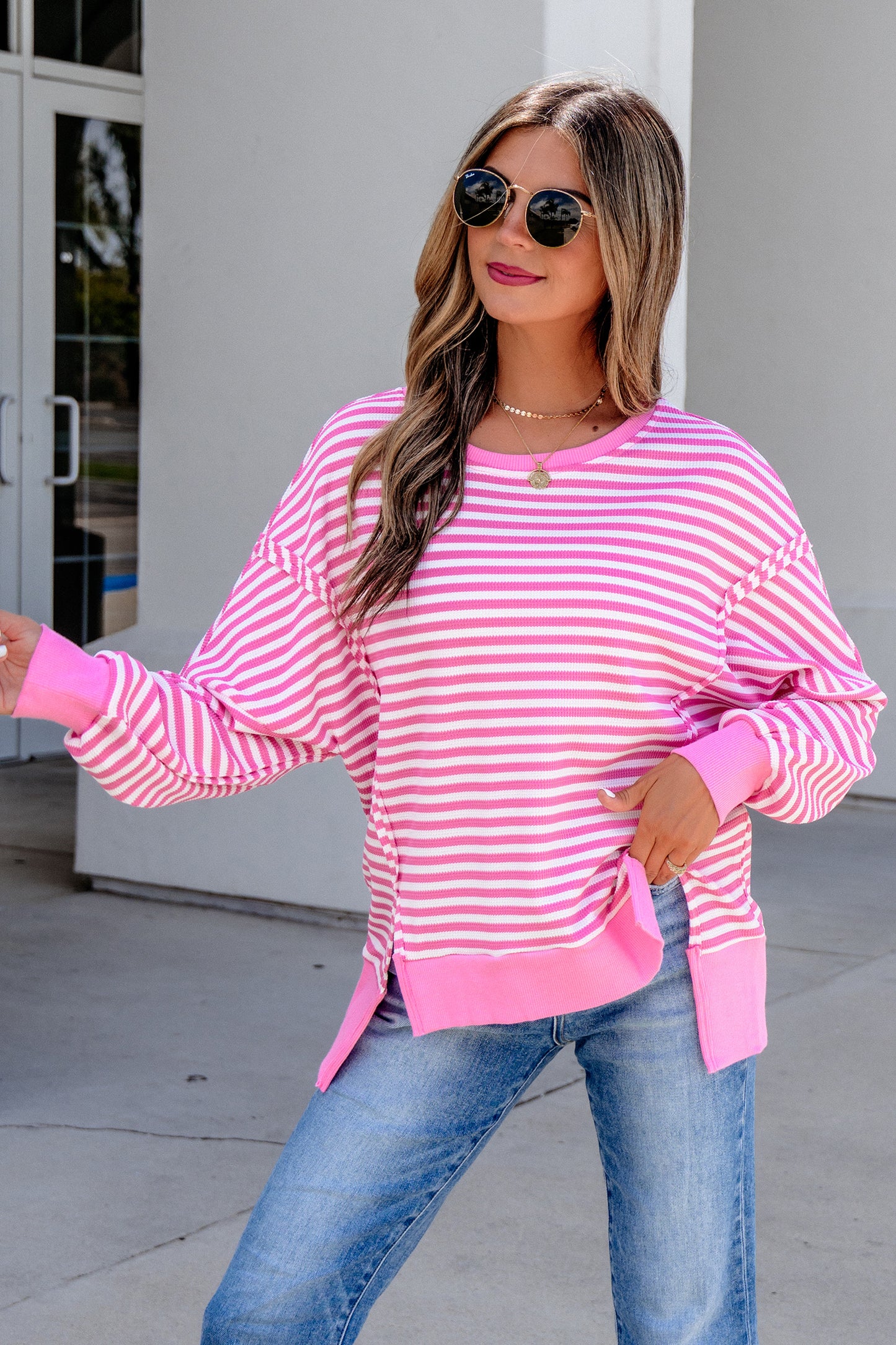 Pink Stripe Textured Knit Color Block Trim Split Hem Long Sleeve Top