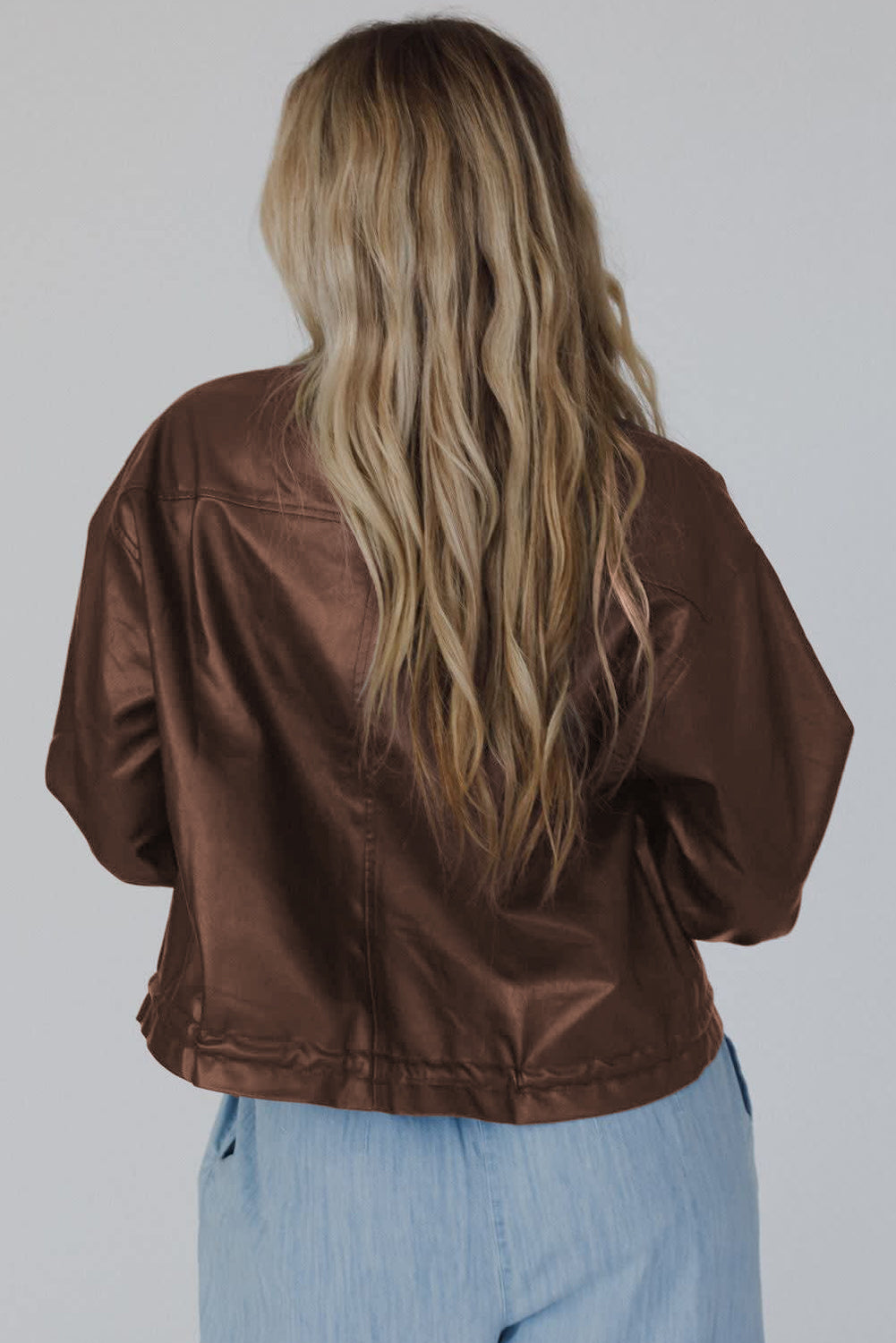 Chicory Coffee Double Flap Pocket Drawstring Hem Leather Jacket