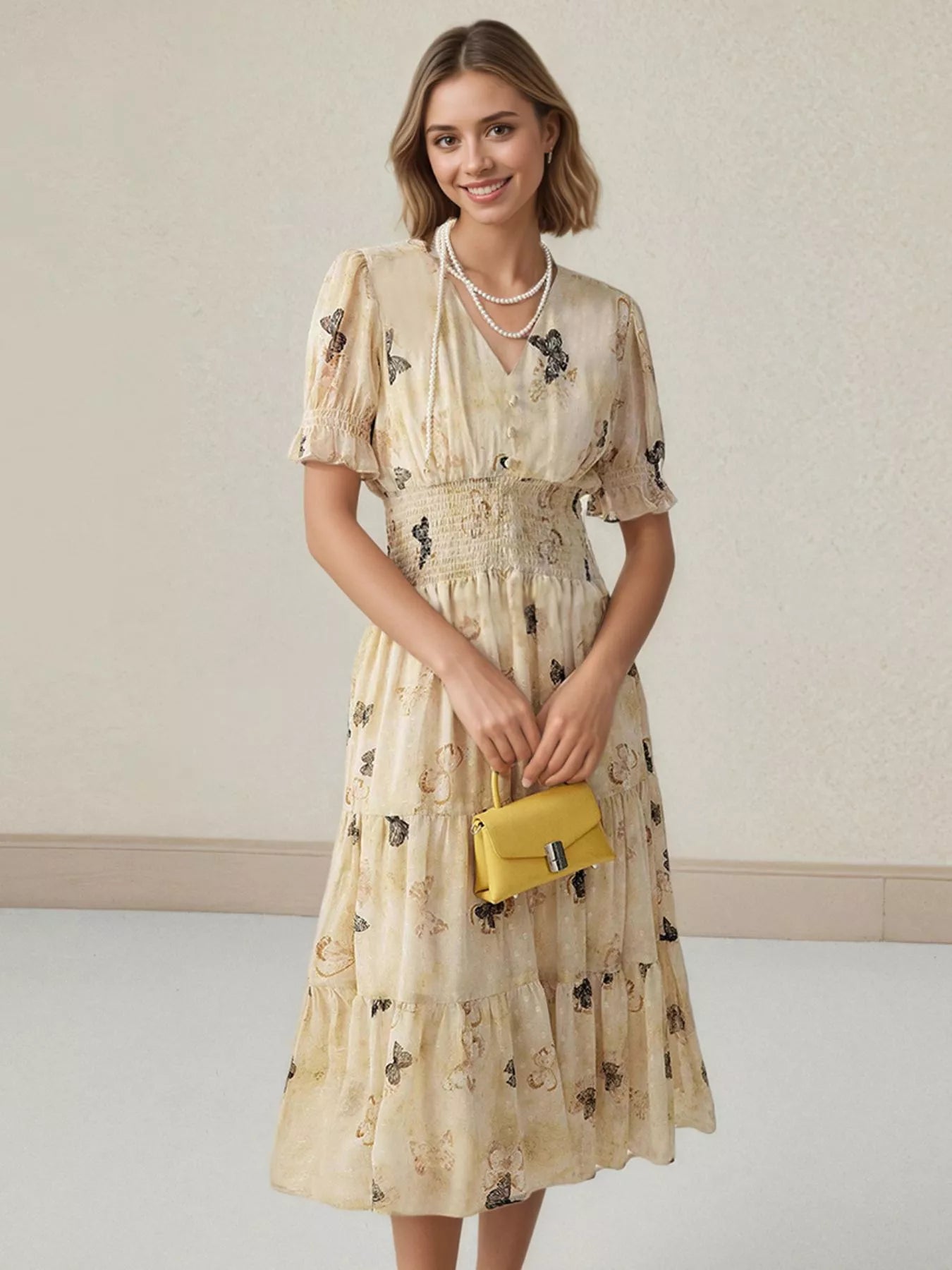 butterfly print midi dress Butterfly Print Smocked Waist Tiered Midi Dress