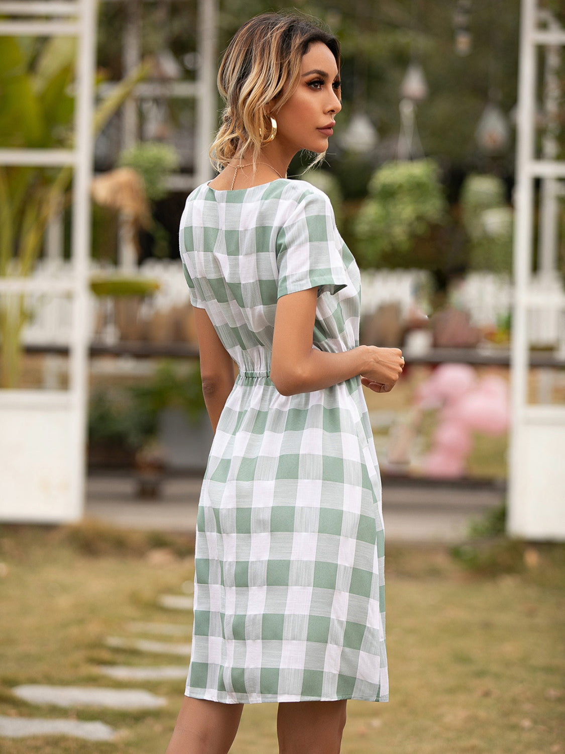 Blue Zone Planet | Smocked Plaid Round Neck Short Sleeve Dress BLUE ZONE PLANET