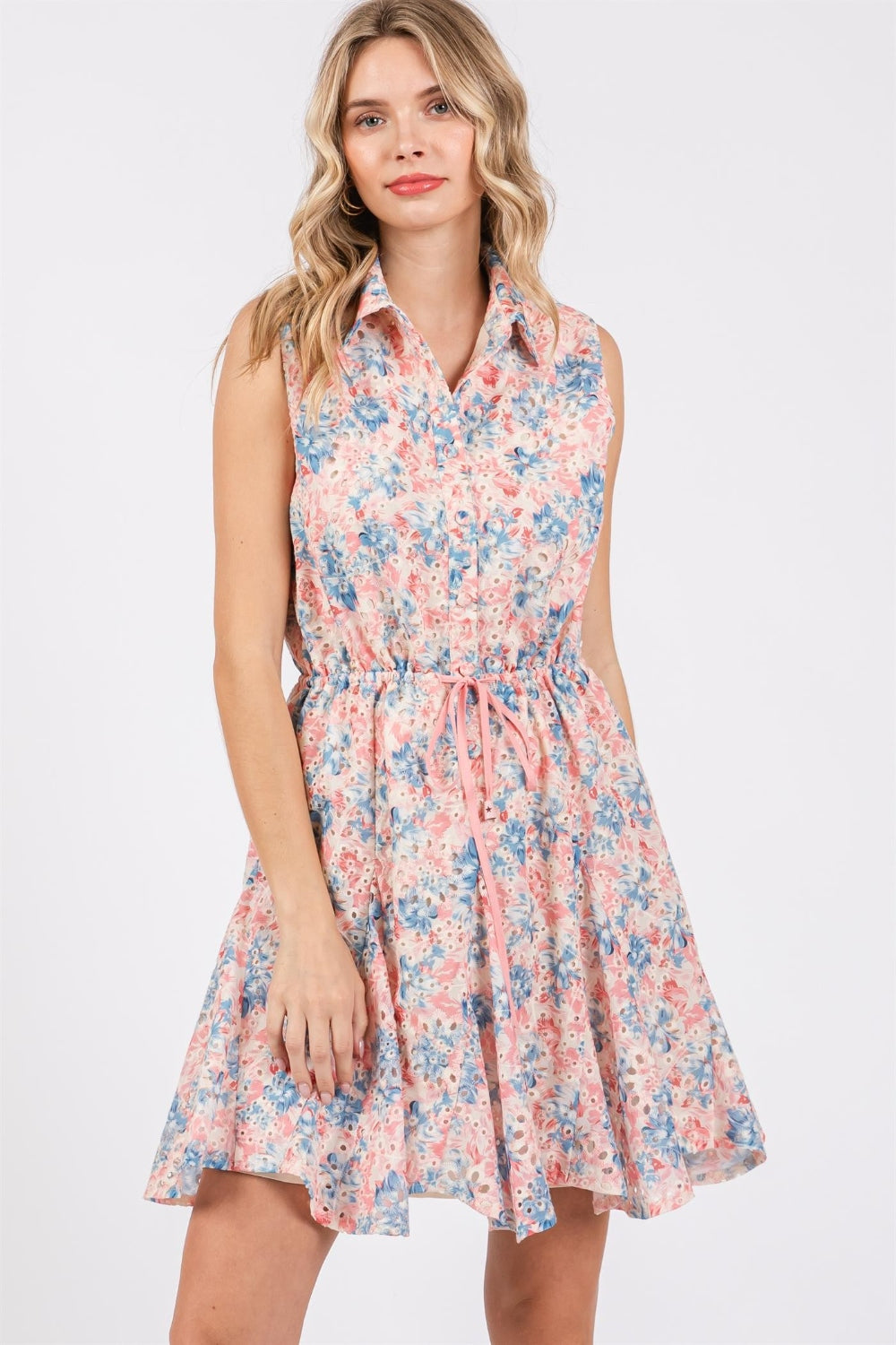 Blue Zone Planet | GeeGee Full Size Floral Eyelet Sleeveless Mini Dress BLUE ZONE PLANET
