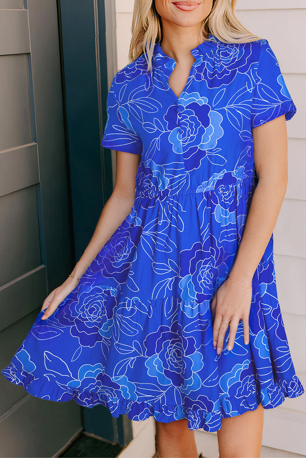 Blue Floral Ruffled Hem V Neck Short Sleeve Flowy Mini Dress Blue / S / 60%Cotton+40%Viscose